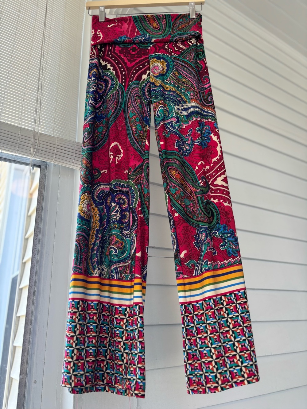 White Mark Boot Cut Jumpsuit Pants in Fuchsia Paisley with Multicolor Trim